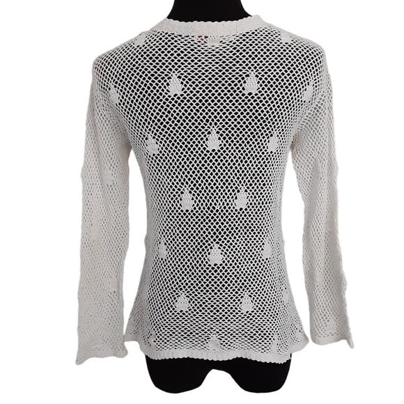 Vintage 80s Fishermen Net Crochet Cardigan Sweater White 100% Cotton Sheer Boho - Picture 2 of 9